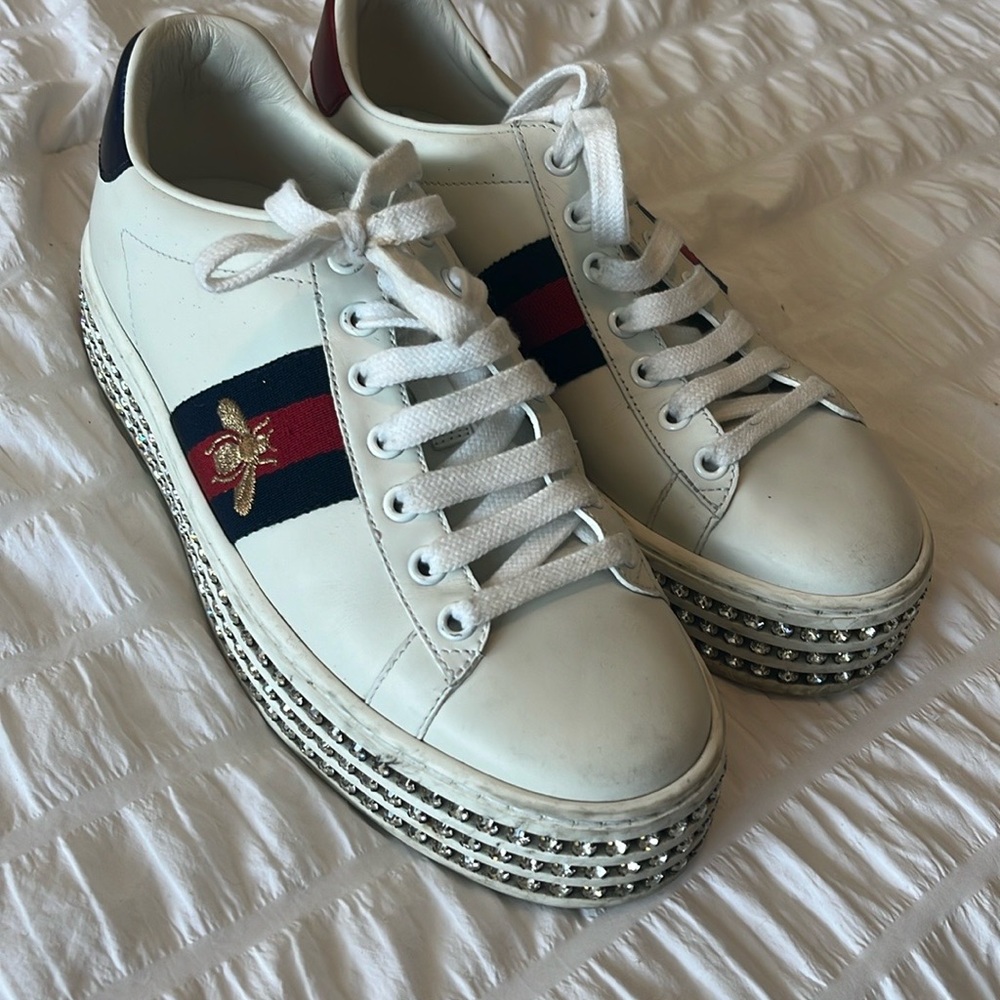 Gucci White Leather Ace Crystal Embellished Platform Sneakers